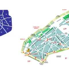 Mapa Paryża z zaznaczoną 17 dzielnicą. Widać jej granice, ulice i nazwy.