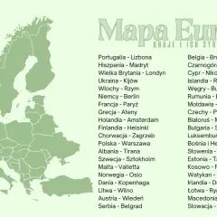 Mapa Europy z zaznaczonymi stolicami. Gdzie jest Paryż? Znajduje się we Francji, na tej mapie.