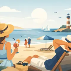 Relaks na plaży w Łebie, idealne łeba atrakcje dla dorosłych. Para spaceruje, ktoś pije drinka, a ktoś inny odpoczywa w leżaku.