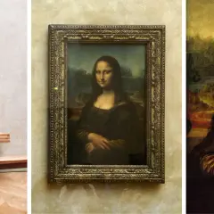 Mona Lisa w Luwrze, jeden z wielu eksponatów. Obraz Leonarda da Vinci w złotej ramie.