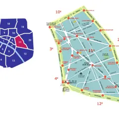 Mapa Paryża z zaznaczonym 11. dzielnicą. Czy 11 dzielnica Paryża jest bezpieczna? Mapa pokazuje jej położenie i nazwy ulic.