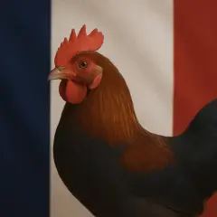 Dumny kogut, symbol Francji, na tle trójkolorowej flagi.
