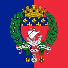 Herb Paryża: czerwono-niebieska flaga z herbem, koroną, żaglowcem i wieńcem laurowym.