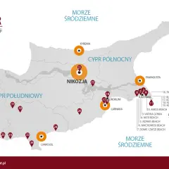 Mapa atrakcji Cypru z zaznaczonymi miejscami do zwiedzania. Widoczne miasta: Nikozja, Pafos, Limassol, Larnaka, Famagusta, Kyrenia.
