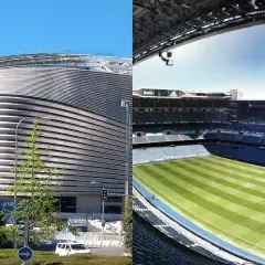 Stadion w Madrycie w trakcie przebudowy. Widok z zewnątrz i wnętrza z murawą.