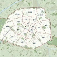Mapa Paryża z zaznaczonymi dzielnicami. Czy 14 dzielnica Paryża jest bezpieczna? Ta mapa nie udziela odpowiedzi, ale pokazuje jej położenie.
