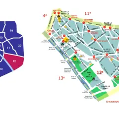 Mapa Paryża z zaznaczonymi dzielnicami. 12 dzielnica Paryża, oznaczona kolorem różowym, znajduje się na wschodzie, obok 11 i 20 dzielnicy.