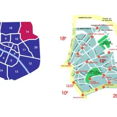 Mapa Paryża z zaznaczonymi dzielnicami, wyróżniona 19. dzielnica.