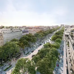 Widok na zielone Champs-Élysées z kawiarniami na dachu i łukiem Triumfalnym w oddali.