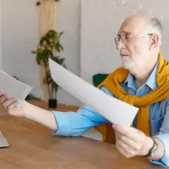Starszy mężczyzna w okularach przegląda dokumenty przy biurku z laptopem.