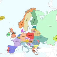 Mapa Europy z zaznaczonymi krajami. Francja, sąsiadująca z Hiszpanią i Niemcami, jest oznaczona kolorem fioletowym.