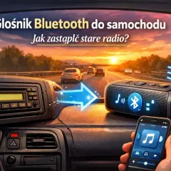 Głośnik Bluetooth w samochodzie, obok radia, z telefonem w dłoni.