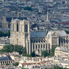 Widok na katedrę Notre Dame w Paryżu na tle miejskiego krajobrazu.