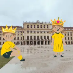 Dzieci w koronach przed Pałacem Schönbrunn, marzą o zwiedzaniu. Bilety do Pałacu Schönbrunn czekają!