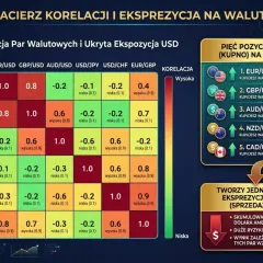 Macierz korelacji par walutowych, w tym EUR/USD, pokazuje relacje między walutami. Pięć pozycji long (kupno) na XXX/USD, np. EUR/USD, sugeruje strategię handlową.