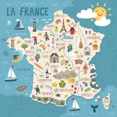 Ilustrowana mapa Francji z nazwami regionów, zabytkami i symbolami charakterystycznymi dla każdego obszaru.
