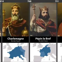 Portrety królów Francji: Ludwik I Pobożny, Karoling, Pepin Krótki, Childeryk III. Chronologicznie przedstawieni królowie Francji.