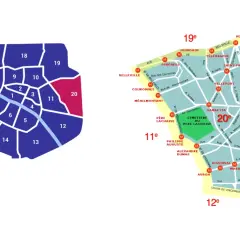 Mapa Paryża z zaznaczonymi dzielnicami, wyróżniona 20. dzielnica.