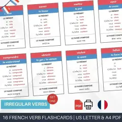 Fiszki z francuskimi czasownikami nieregularnymi, np. "je vois" (widzę), "tu sais" (wiesz).
