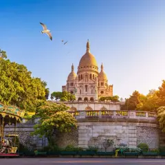 Bazylika Sacré-Cœur na Montmartre, Paryż, z karuzelą i mewą w locie.