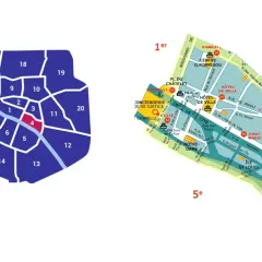 Mapa Paryża z zaznaczonymi dzielnicami. Czwarta dzielnica Paryża, oznaczona numerem 4, znajduje się w centrum, na prawym brzegu Sekwany.