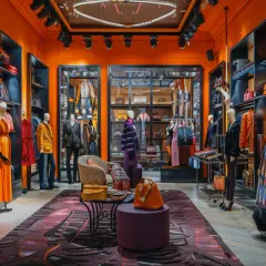 Elegancki butik z odzieżą, gdzie prezentowane są luksusowe francuskie marki odzieżowe. Wnętrze w intensywnym kolorze pomarańczowym, z półkami pełnymi torebek i butów.