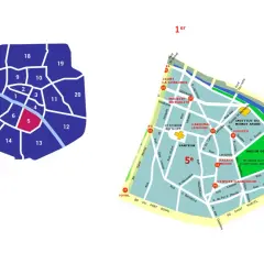 Mapa Paryża z zaznaczonymi dzielnicami. Wyróżniona 5 dzielnica Paryża, znana z Panteonu i Ogrodu Botanicznego.