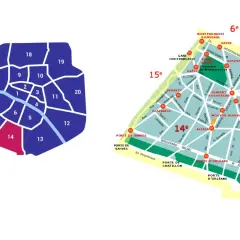 Mapa Paryża z zaznaczonymi dzielnicami. 14 dzielnica Paryża wyróżniona kolorem różowym, otoczona innymi dzielnicami.