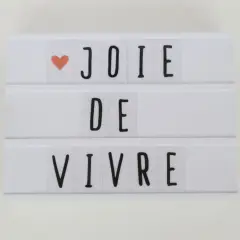 Biała tablica świetlna z napisem "JOIE DE VIVRE" i pomarańczowym serduszkiem.