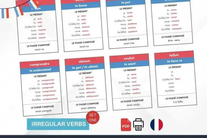 Fiszki z francuskimi czasownikami nieregularnymi, np. "je vois" (widzę), "tu sais" (wiesz).