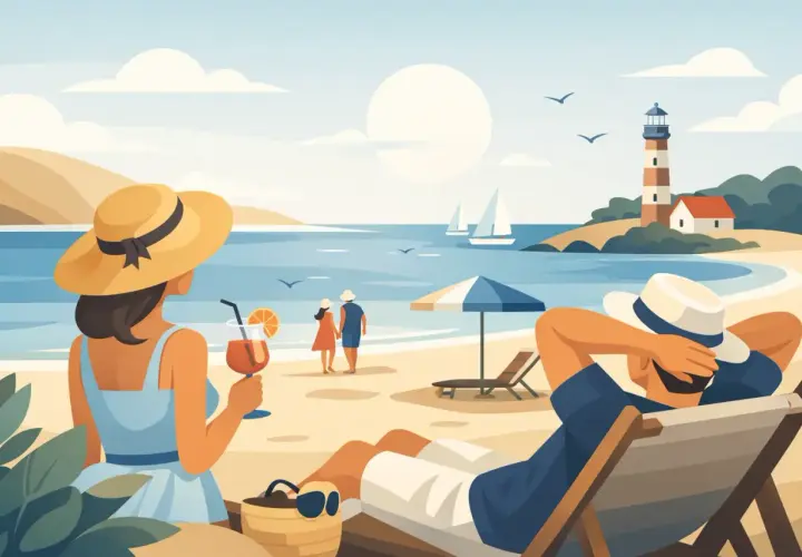 Relaks na plaży w Łebie, idealne łeba atrakcje dla dorosłych. Para spaceruje, ktoś pije drinka, a ktoś inny odpoczywa w leżaku.