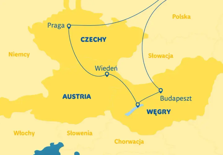 Mapa Europy Środkowej z zaznaczoną trasą wycieczki Praga-Wiedeń-Budapeszt. Idealna na wycieczkę 3 dni!