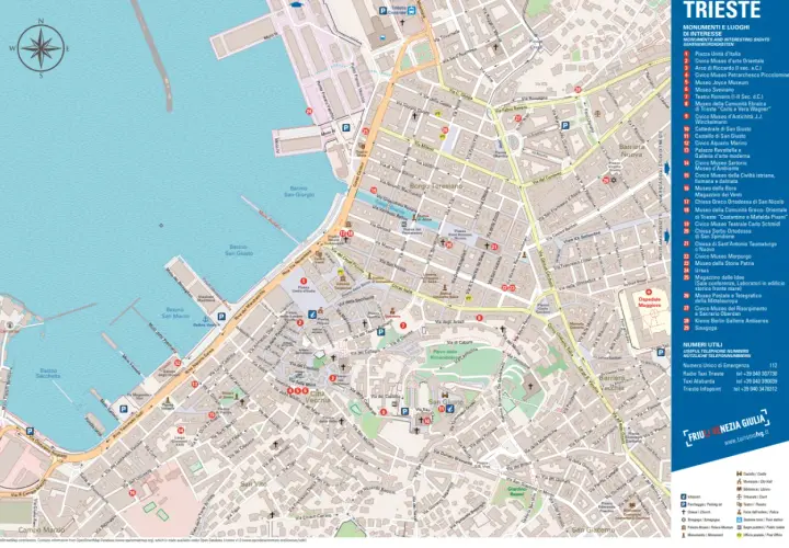 Mapa turystyczna Triestu z zaznaczonymi zabytkami i atrakcjami. Widać port, ulice i budynki. Idealna na wycieczkę na triest plaża.