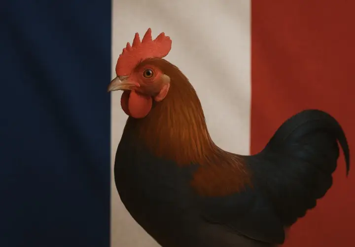 Dumny kogut, symbol Francji, na tle trójkolorowej flagi.