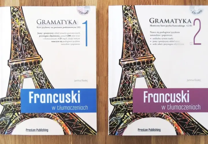 Dwie okładki książek z Wieżą Eiffla i napisem "Francuski w tłumaczeniach".