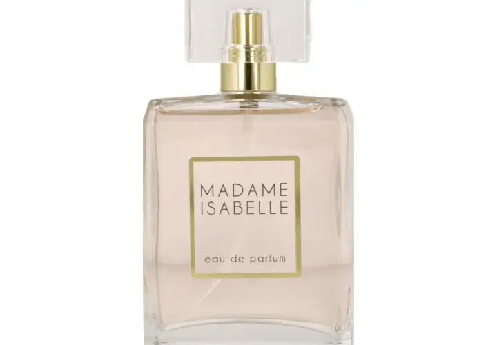 Szklana butelka perfum "Madame Isabelle" z różowym płynem.