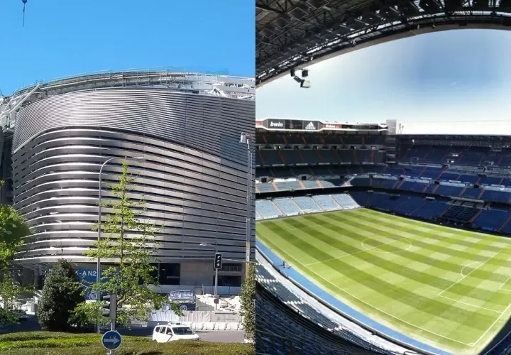 Stadion w Madrycie w trakcie przebudowy. Widok z zewnątrz i wnętrza z murawą.