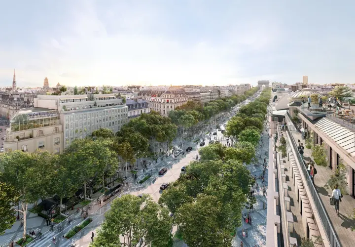 Widok na zielone Champs-Élysées z kawiarniami na dachu i łukiem Triumfalnym w oddali.
