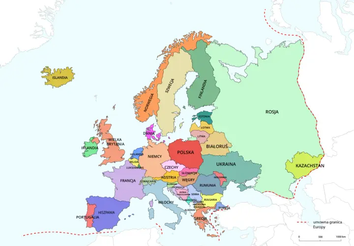 Mapa Europy z zaznaczonymi krajami. Francja, sąsiadująca z Hiszpanią i Niemcami, jest oznaczona kolorem fioletowym.