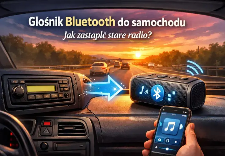 Głośnik Bluetooth w samochodzie, obok radia, z telefonem w dłoni.