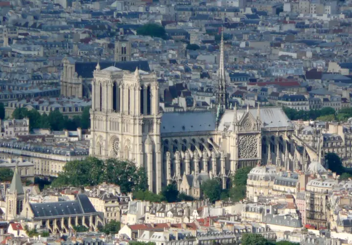 Widok na katedrę Notre Dame w Paryżu na tle miejskiego krajobrazu.