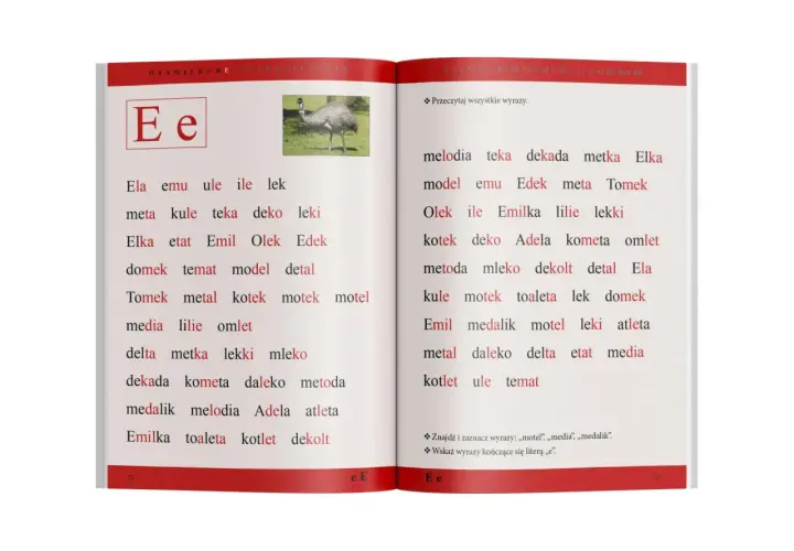 Strona z podręcznika z literą "E", zdjęciem emu i listą słów do nauki.