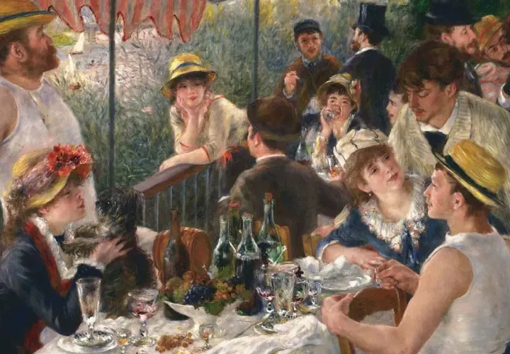 Obiad u Renoir'a, w muzeum impresjonistów w Paryżu. Ludzie w letnich strojach, z psem, przy stole z winem i owocami.