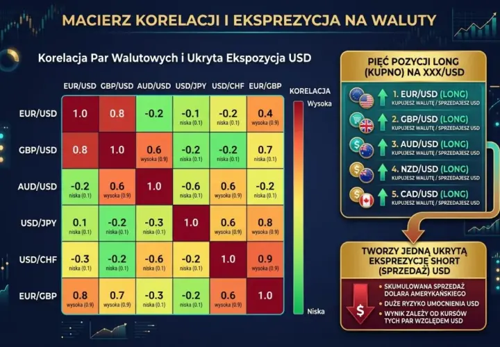Macierz korelacji par walutowych, w tym EUR/USD, pokazuje relacje między walutami. Pięć pozycji long (kupno) na XXX/USD, np. EUR/USD, sugeruje strategię handlową.