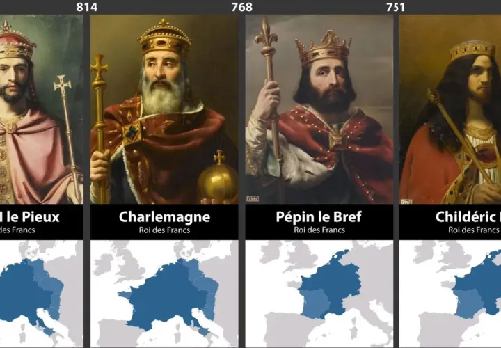 Portrety królów Francji: Ludwik I Pobożny, Karoling, Pepin Krótki, Childeryk III. Chronologicznie przedstawieni królowie Francji.