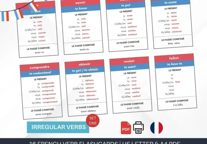 Fiszki z francuskimi czasownikami nieregularnymi, np. "je vois" (widzę), "tu sais" (wiesz).