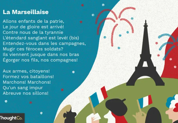 Wieża Eiffla, sztuczne ognie i tekst "La Marseillaise" na tle flagi Francji.