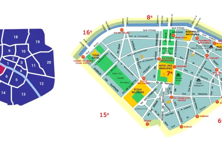 Mapa Paryża z zaznaczoną na czerwono 7 dzielnicą. Widać tu m.in. Wieżę Eiffla, Pola Marsowe i Hotel Inwalidów.