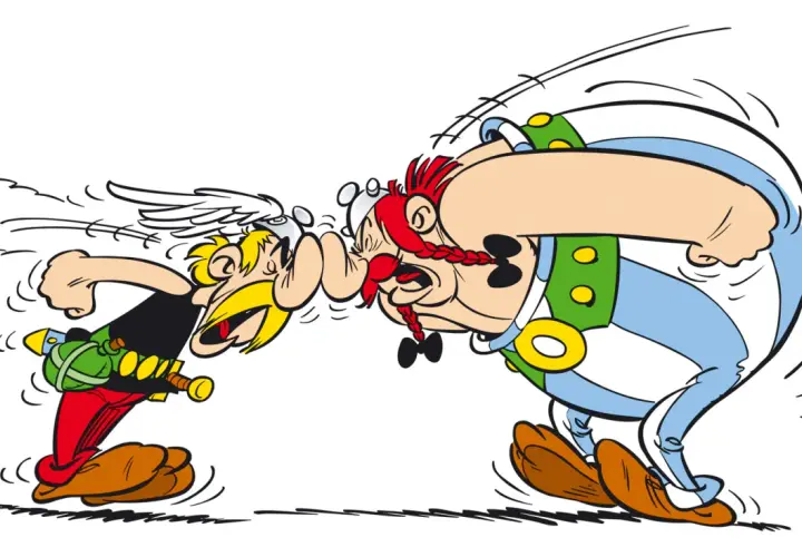 Obelix z wściekłością krzyczy do Asteriksa: "Spierdalaj po francusku!".