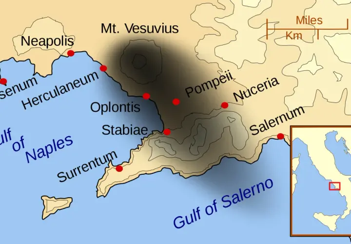 Mapa okolic Wezuwiusza, pokazująca Pompeje, Herkulanum i inne miasta. Idealna do planowania zwiedzania.